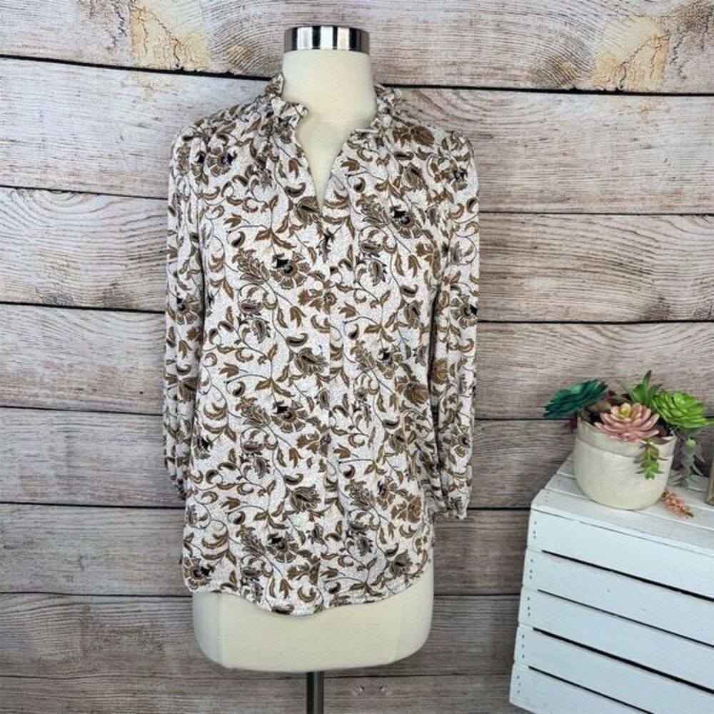 Melloday Women's‎ Floral Blouse Small Multicolor 3/4 Sleeve Ruffle Collar